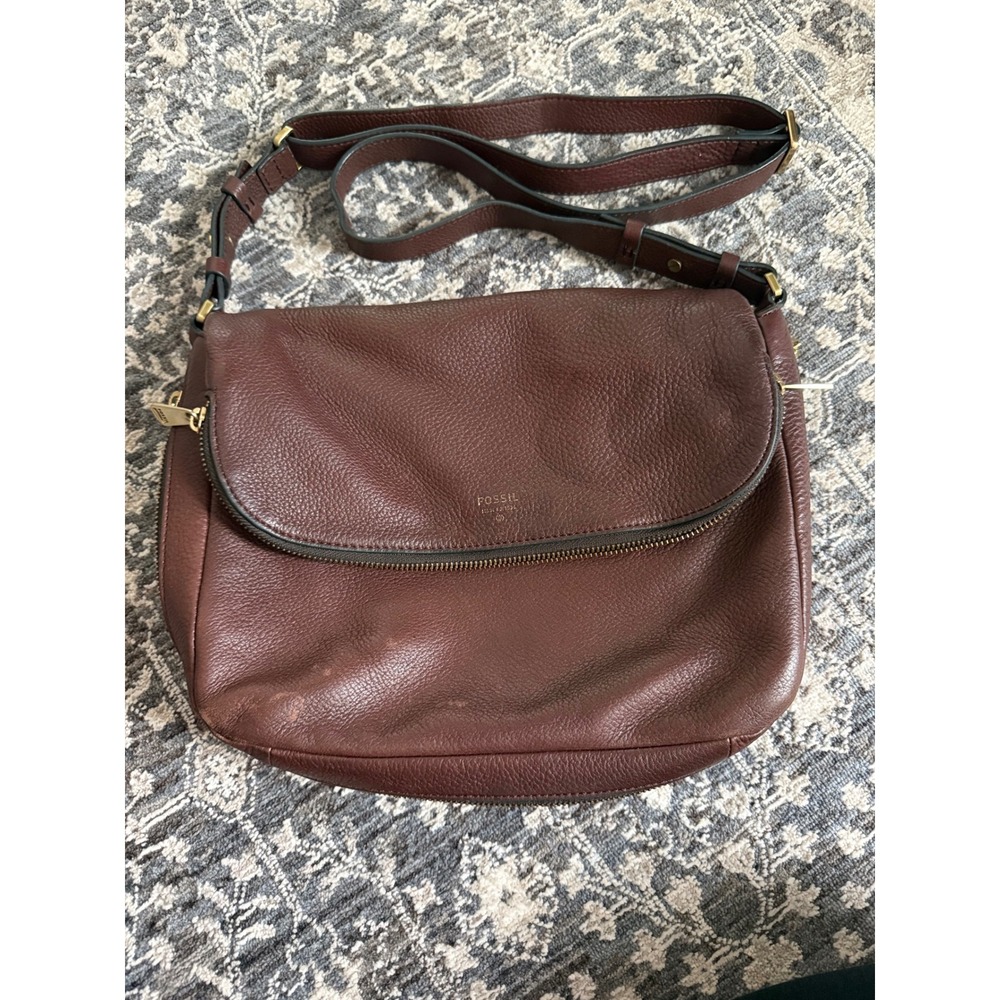 Fossil Preston Large Flap Crossbody Bag Brown Pebbled Leather Messenger ZB7228